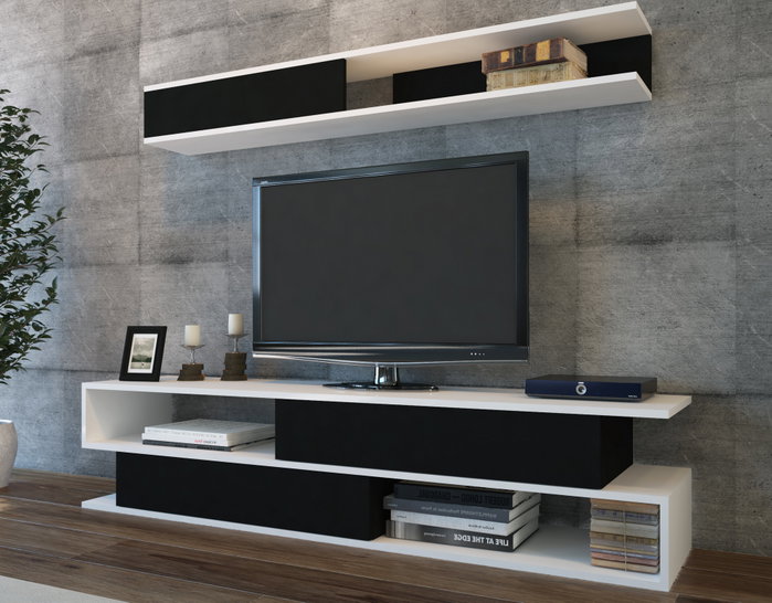Hanah Home Mueble de TV Blanco y Negro con Estantería de Pared Hanah Home Mueble de TV Blanco y Negro con Estantería de Pared
